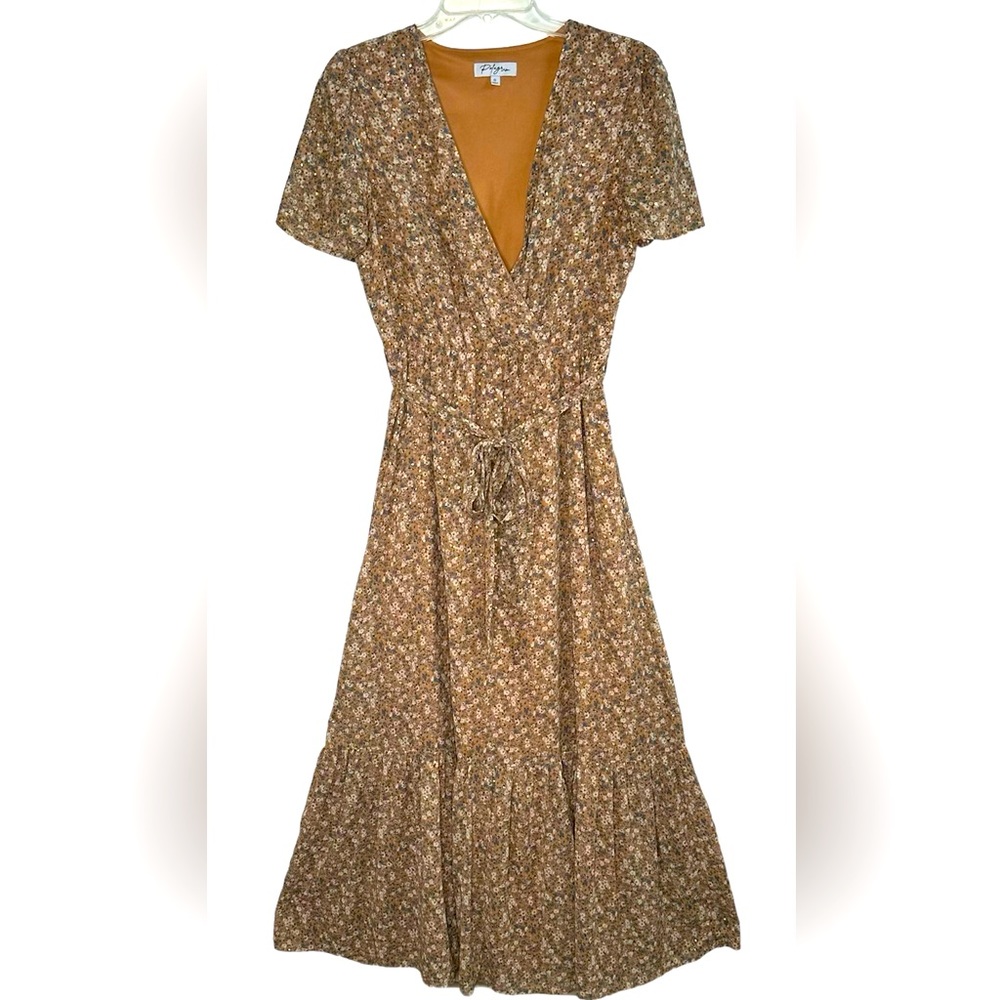 Polagram Floral Maxi Dress Wrap Bodice Tie At Waist Lined Ruffle Bottom‎ Sz S